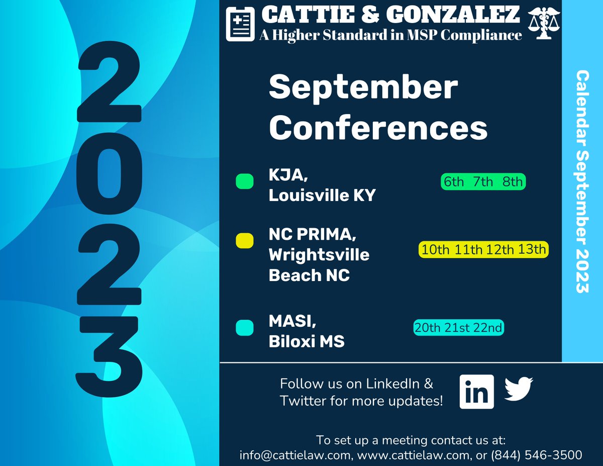 On the road again! Take a look at our upcoming #conferences and make sure you say hello. #CattieGonzalezPLLC #august #july