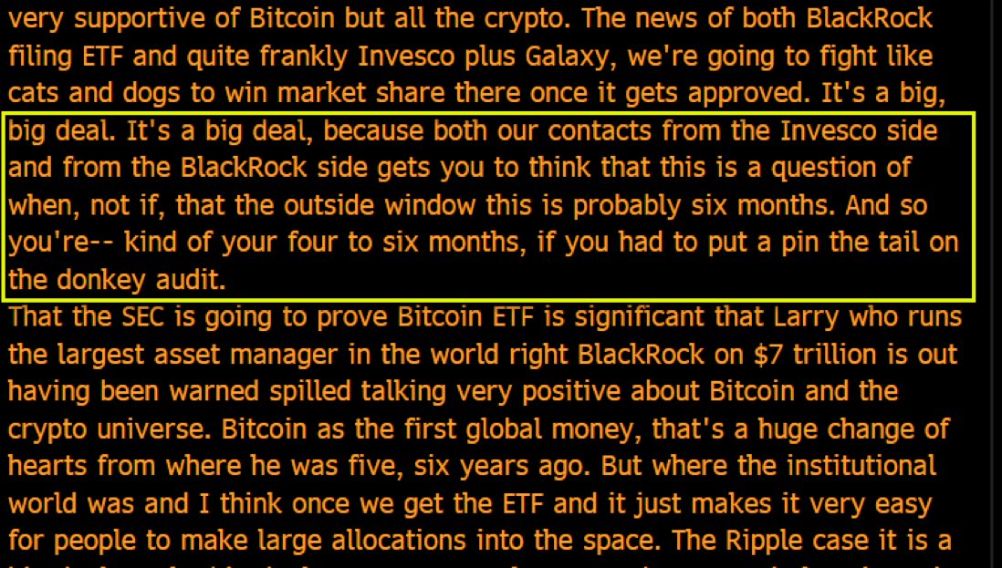 BitcoinArchive's tweet photo. BREAKING‼️ BlackRock insiders say spot #Bitcoin ETF approval expected in "four to six months" - Mike Novogratz https://t.co/gXI8bE5GV9