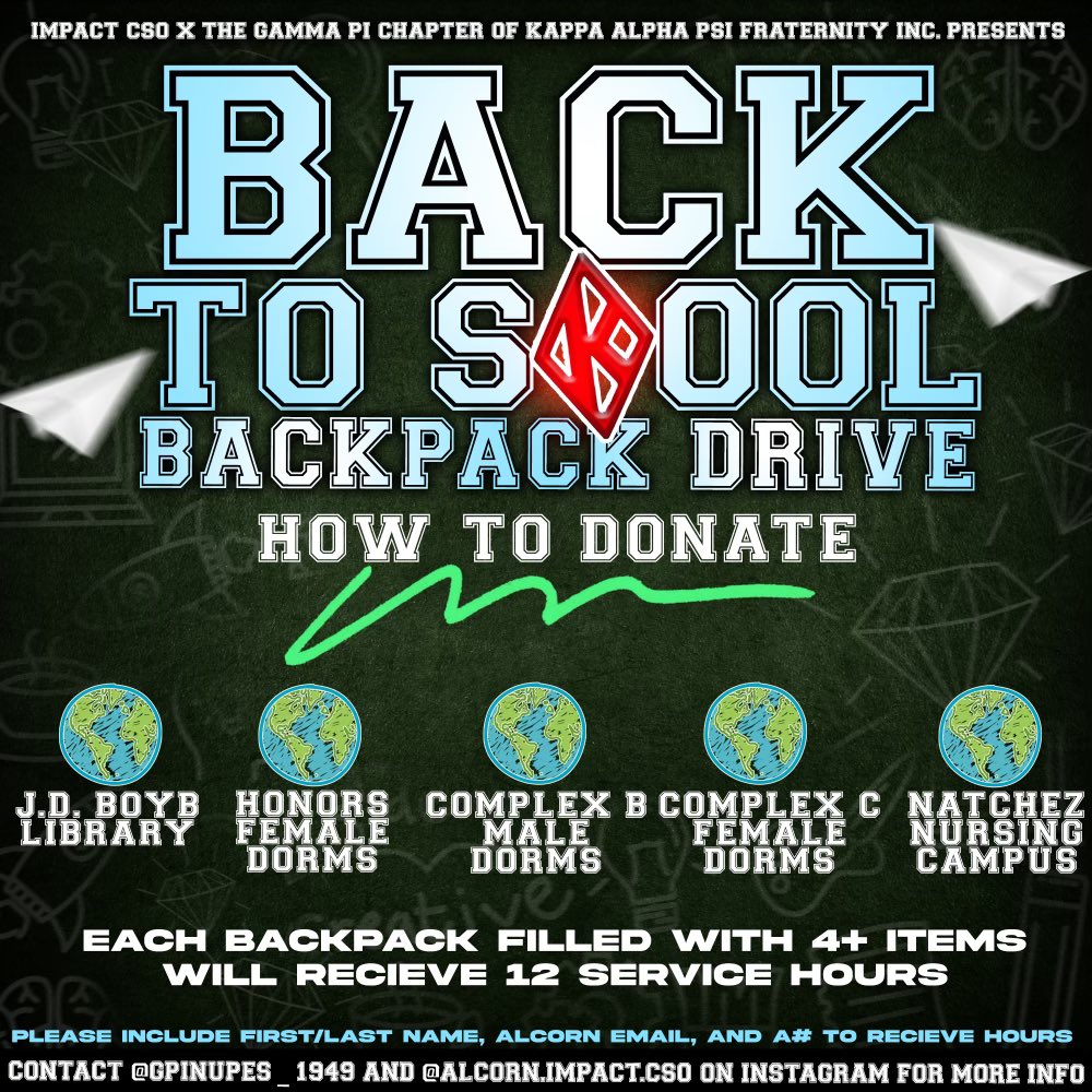 IMPACT 🌎 x GPi NUPES ♦️ Presents: 🚨 BACK2SCHOOL BACKPACKDRIVE 🚨 It’s that time⏰ to give back 💚 and help the students at A W Watson Elementary School 📚 start off to an amazing year! 🤓