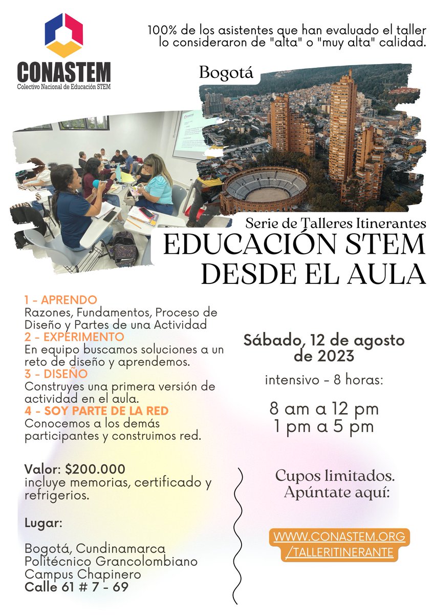 colstem's tweet image. 🎉 ¡Atención apasionados de STEM! 🧪🔍 Taller presencial en Bogotá el 12 de agosto. ¡Cupos limitados! 💡🔬 #EducaciónSTEM #TallerPresencial Más info: conastem.org/talleritineran…