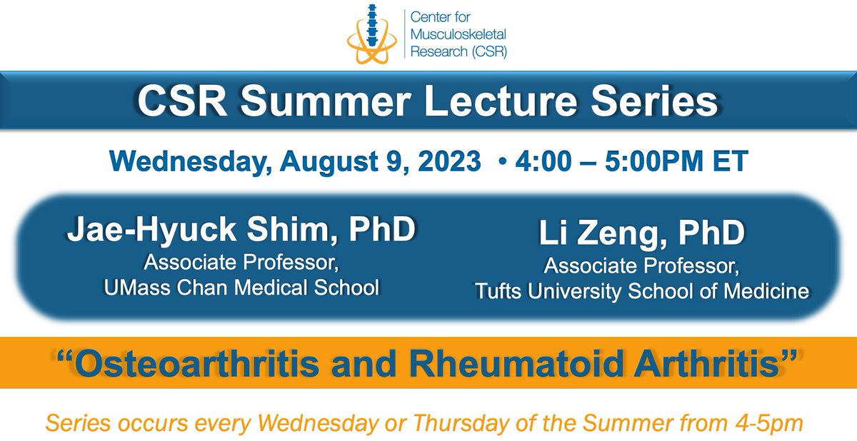 Center for Musculoskeletal Research (@csr_mgh) on Twitter photo Tomorrow at 4pm: CSR Summer Lecture Series “Osteoarthritis and Rheumatoid Arthritis” by Jae-Hyuck Shim, PhD and Li Zeng, PhD. Email CSRmail@partners.org for Zoom link! Tomorrow at 4pm: CSR Summer Lecture Series “Osteoarthritis and Rheumatoid Arthritis” by Jae-Hyuck Shim, PhD and Li Zeng, PhD. Email CSRmail@partners.org for Zoom link!