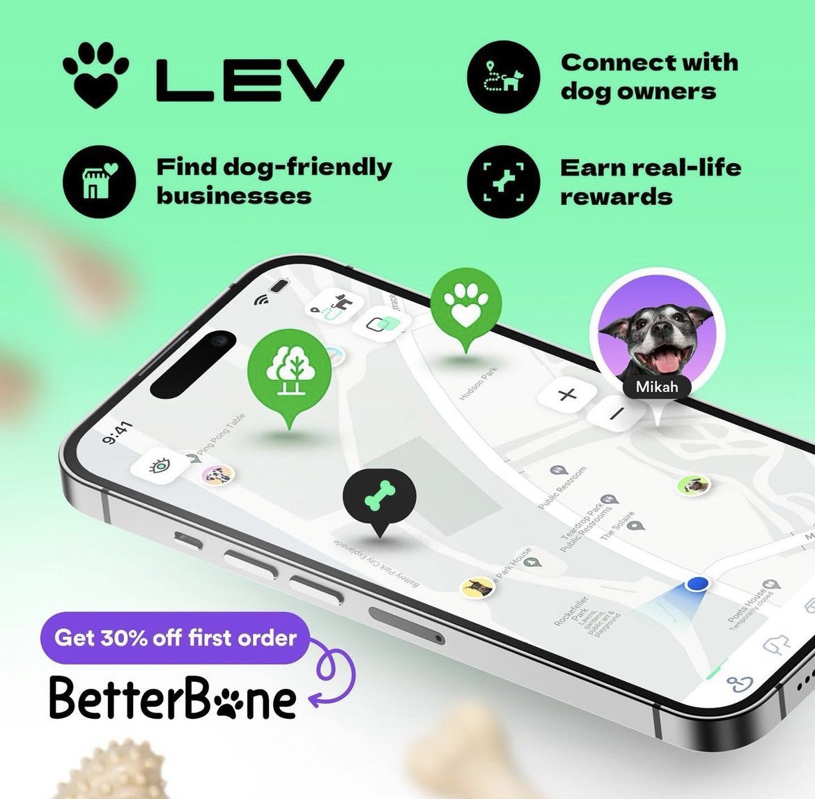 LevMaps's tweet photo. Download LEV to earn rewards on all of your dog’s favorite things! Collect bones while walking and redeem a discount for 30% off your first BetterBone order! #levmaps #lev https://t.co/7FtAw39FJn