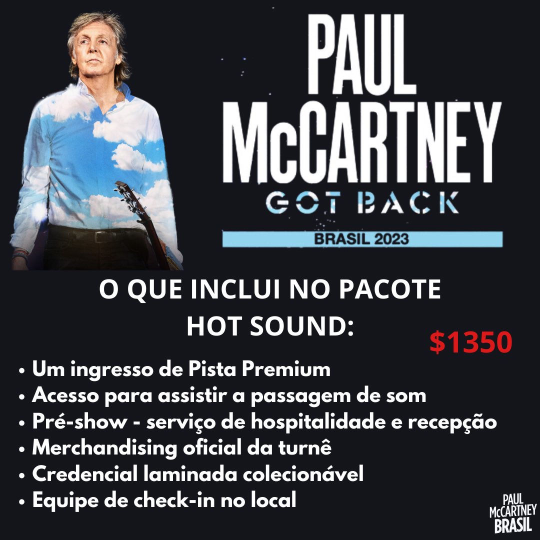 Muita gente tem perguntado sobre o pacote Hot Sound!
⚠️ Lembrando que o valor é em dólar e você pode comprar pelo site da Eventim mesmo! 

Quem aí comprou?? 😁

#gotbacktour #paulmccartney #paulinbrazil #paulmccartneygotback