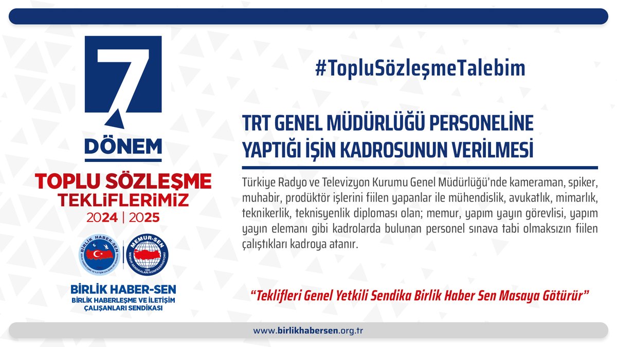#TopluSözleşmeTalebim TRT Genel Müdürlüğü personeline yaptığı işin kadrosunun verilmesi.

<a href="/csgbakanligi/">T.C. Çalışma ve Sosyal Güvenlik Bakanlığı</a> <a href="/HMBakanligi/">T.C. Hazine ve Maliye Bakanlığı</a> <a href="/TRTKurumsal/">TRT Kurumsal</a>