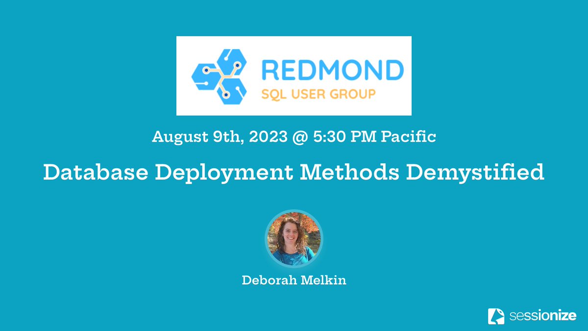 Redmond SQL User Group (@redmondsql) on Twitter photo Join us for our August 2023 user group meeting on Wednesday, August 9th, at 5:30 PM Pacific with Deborah Melkin <a href="/dgmelkin/">Deborah Melkin</a>
- Database Deployment Methods Demystified.
RSVP: meetup.com/redmond-sql-us…
#AzureDataCommunity #SQLFamily Join us for our August 2023 user group meeting on Wednesday, August 9th, at 5:30 PM Pacific with Deborah Melkin <a href="/dgmelkin/">Deborah Melkin</a>
- Database Deployment Methods Demystified.
RSVP: meetup.com/redmond-sql-us…
#AzureDataCommunity #SQLFamily