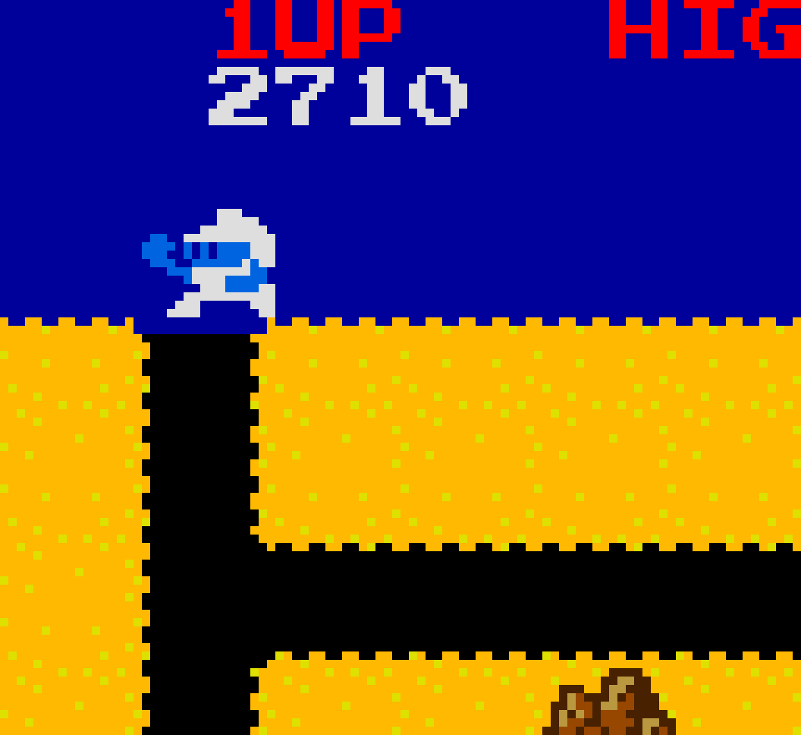 BagDeflated's tweet photo. Sometimes, in #digdug, the game ends and freezes on Taizo holding his hand up and this is what I imagine him doing

#pixelart #pixelartist #arcade #retrogames https://t.co/IdLh6wNSLe