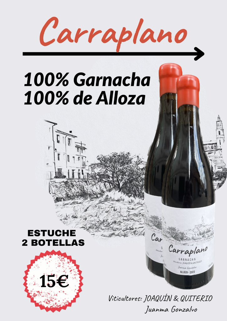 🔊Todavía tienes la oportunidad de adquirir tu estuche de 2 botellas de CARRAPLANO, un vino 100% elaborado en #Alloza con Garnacha del terreno. Es fresco y goloso. Disfruta tus dos botellas por solo 15€ 🍷🍷