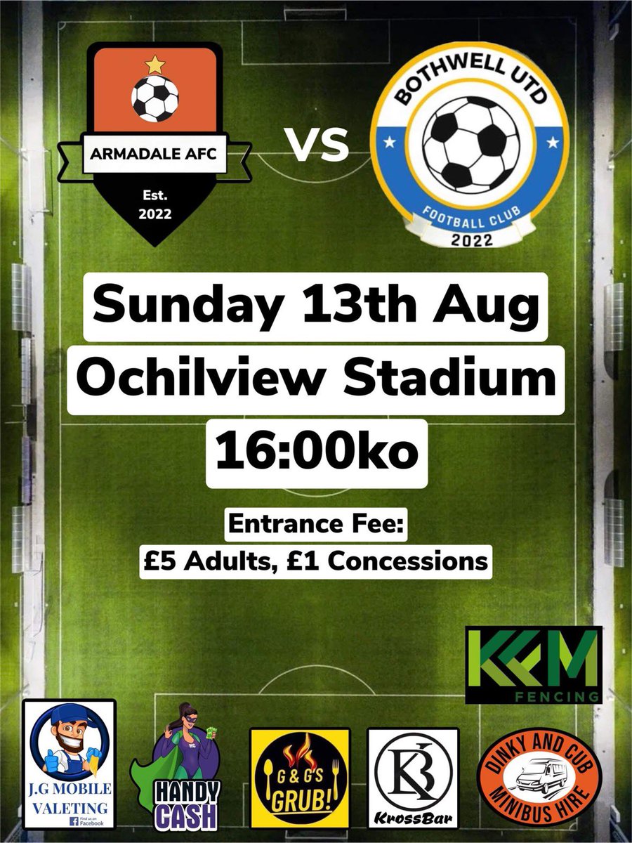 Competitive football starts for us this Sunday with the first piece of silverware up for grabs!

🏆 - Billy Harkness Shield 
⚽️ - Armadale AFC vs Bothwell United
📍 - Ochilview Stadium
🗓️ - Sunday 13th August
⏰ - 4pm kick off

Let’s get a big crowd down to support the boys⚽️