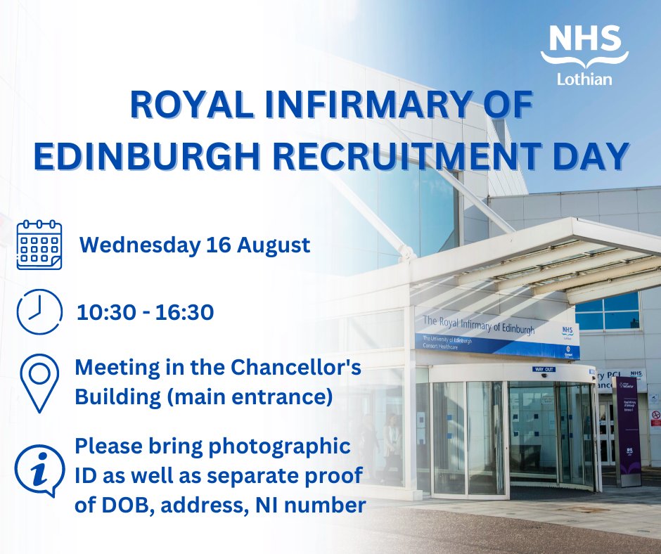 🏥The Royal Infirmary of Edinburgh is having an open day!

Apply in advance to secure interview on the day:
Band 5 - ow.ly/x9R150PtSso
Band 3 - ow.ly/33A350PtSsp
Band 2 - ow.ly/zYTP50PtSsm