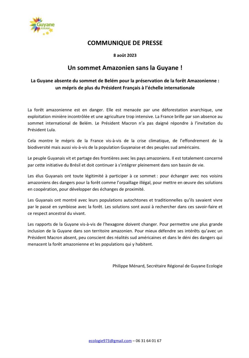 Un sommet Amazonien sans la Guyane. Un mépris de plus de ce gouvernement pour la Guyane #guyane #EELV #Bresil #Amazonie