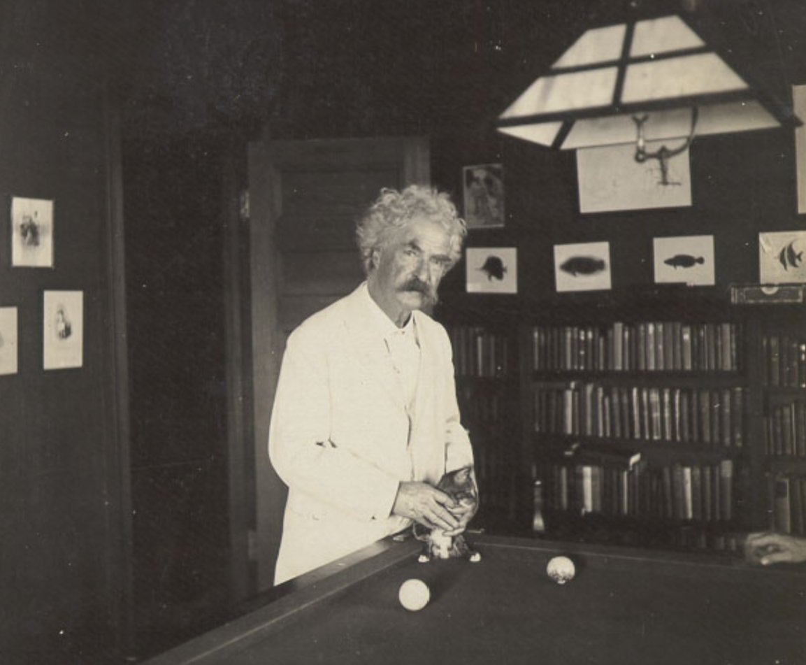 NEHgov's tweet photo. “If man could be crossed with the cat,” wrote Mark Twain, “it would improve man, but it would deteriorate the cat.”

In honor of #InternationalCatDay, enjoy this photo of Twain + a kitten on a billiard table, from the #NEHgrant-funded @mtpo @UCBerkeley: https://t.co/EVQOSkG3ve https://t.co/uqUQAQMQfq