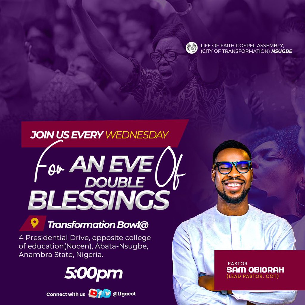 lfgacot's tweet photo. The Eve Of Double Blessing with @pstsamobiorah is a time of great encounter with God's word.
Join us again tomorrow and get ready to be built up and transformed.
Venue: Transformation Bowl,
Time: 5pm prompt.
We're waiting to welcome you to church. Do not miss it!
#cotchurch https://t.co/qd38f5V2cJ