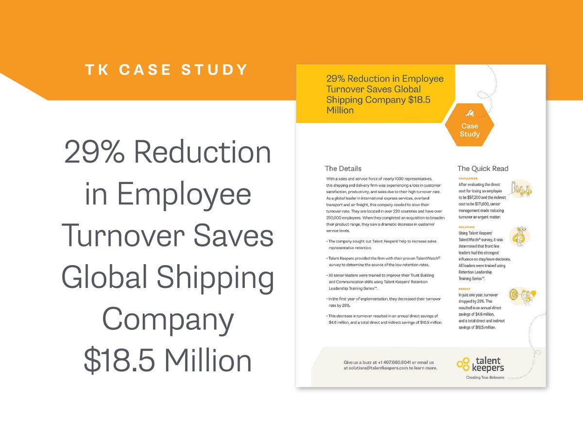 After utilizing Talent Keepers, this global shipping company experienced a 29% drop in turnover in just one year. This resulted in an annual direct savings of $4.6 million, and a total direct and indirect savings of $18.5 million. Dive deeper: buff.ly/44KAuUw.