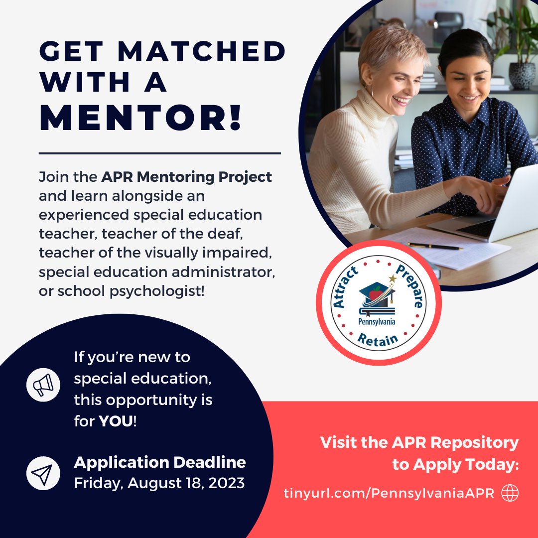 Do you have three or less years of experience in your current special education role? Join the APR Mentoring Project and get matched with a mentor! Learn more: sites.google.com/pattan.net/pa-… or apply now--&gt; fs25.formsite.com/3fHiZQ/mentee2…  #SpecialEducationinPA #mentorship #mentorshipprogram