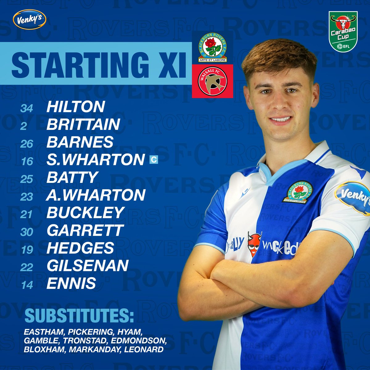🔢 𝗧𝗲𝗮𝗺 𝗻𝗲𝘄𝘀!

1⃣1⃣ changes from Saturday.
5⃣ full debuts!
🧤 <a href="/joehilton0101/">Joe Hilton</a> makes his first competitive start.
🌹 Academy graduates <a href="/Sam_Barnes10/">Sam Barnes</a>, <a href="/jakebatty33/">Jake Batty</a>, <a href="/zakgilsenan03/">Zak Gilsenan</a> start.
🆕 signing <a href="/Niall_Ennis11/">Niall Ennis</a> leads the line.

#ROVvWAL | #Rovers 🔵⚪️