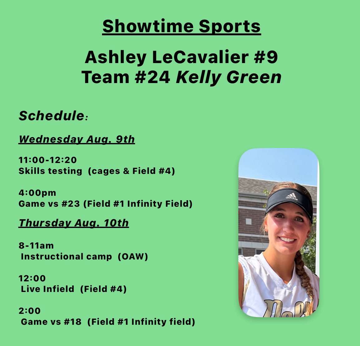 AshLeCavalier's tweet photo. ⭐️Here is my schedule for the Midwest Showcase this week!!! Can’t wait ⭐️@ShowtimeSports1 @GBPhoenixSB @skubuske @UWPlattSoftball @UNISoftball @NIUSoftball @uwparkside @uwstoutsoftball @uwsp_softball @IndStSoftball https://t.co/0dRnEXvnAy