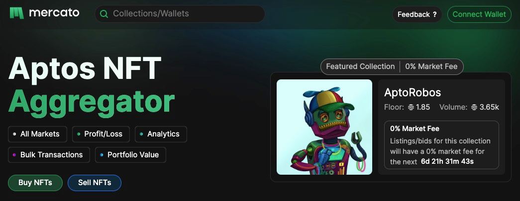 We're now partnering with @Mercato_xyz as an official listing partner. Celebrate with us as they drop market fees to 0% for all AptoRobos listings/bids until August 15th on Mercato! Retweet, tag friends, and start trading on the most comprehensive marketplace on Aptos!