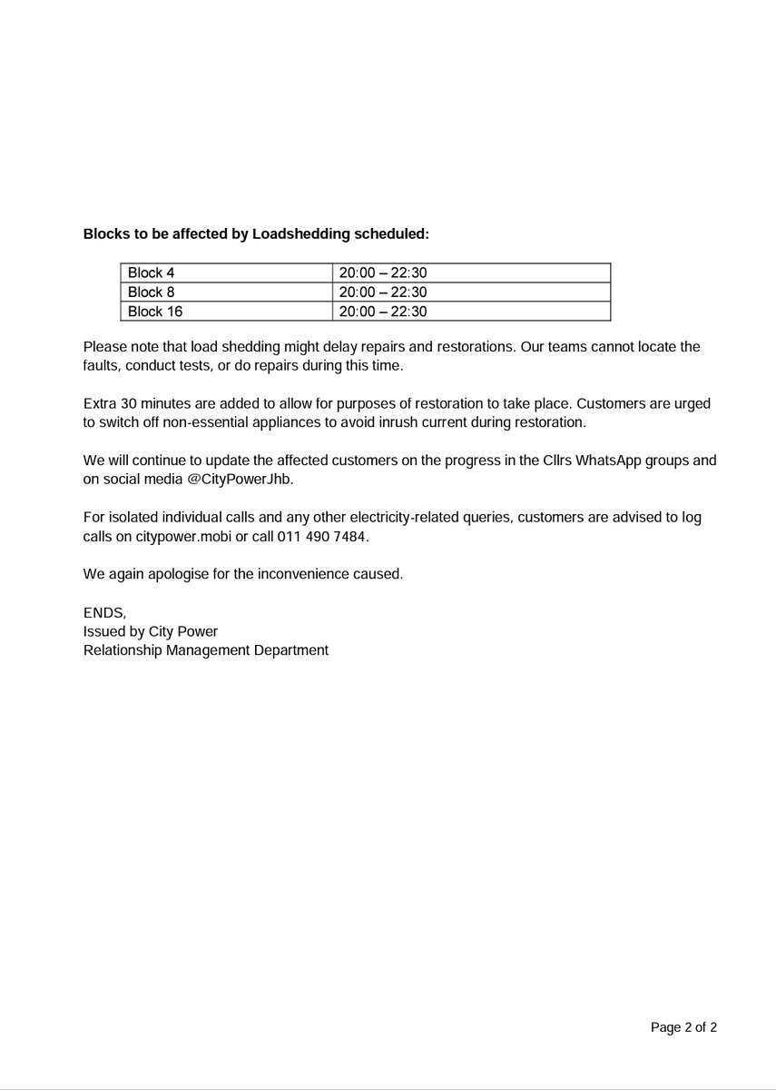CityPowerJhb's tweet photo. #RandburgUpdate #JoburgUpdate

Please see attached information for latest updates in the Randburg SDC. https://t.co/qGSI5b95kw