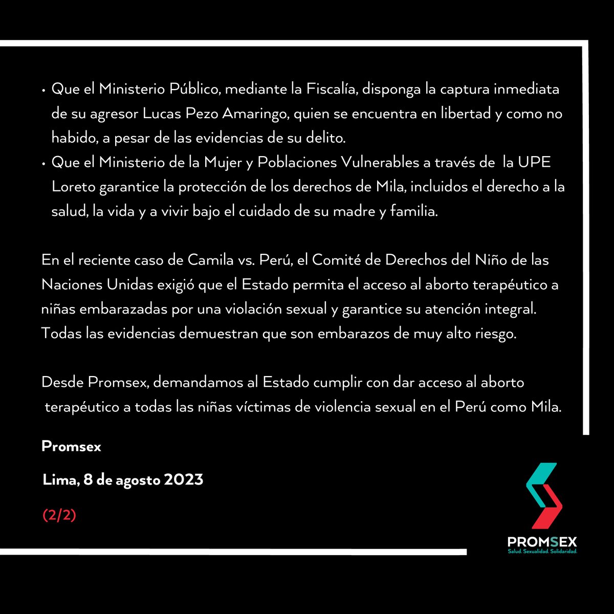 📢 PRONUNCIAMIENTO | Asumimos la defensa legal de Mila, niña de 11 años que enfrenta un embarazo por violación de su padrastro. Ante el riesgo que representa para su vida y su salud, exigimos el acceso al aborto terapéutico, protección y acceso a la justicia. ⚖️ #NiñasNoMadres 💚