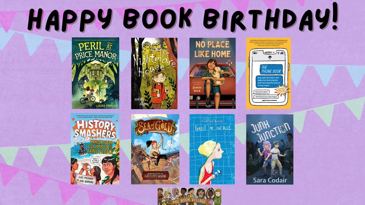 We're excited to celebrate today's #MGlit new releases!

Happy Book Birthday to:

PERIL AT PRICE MANOR by @LauraParnum
THE NIGHTMARE HOUSE by @SarahAllenBooks
NO PLACE LIKE HOME by @jamesbirdwriter
THE PHONE BOOK by @SpeerAuthor & @imgart