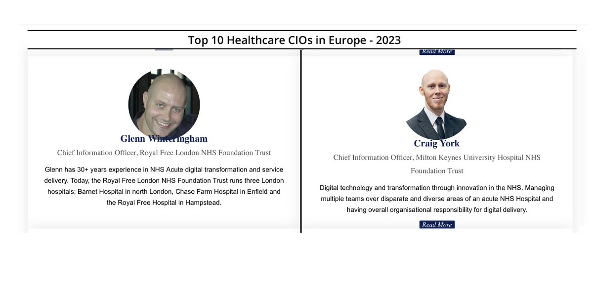 Lloyd Price (@lloydgprice) on Twitter photo Congrats to Craig York CIO Milton Keynes NHS Trust and Glenn Winteringham CIO Royal Free NHS Trust on being named in the "Top 10 Healthcare CIO's in Europe 2023"
healthcaretechoutlook.com/awards/top-10-… <a href="/CraigYork/">Craig York</a> <a href="/RoyalFreeNHS/">Royal Free London</a> <a href="/MKHospital/">Milton Keynes University Hospital NHS FT</a>
cc <a href="/JoeHMK/">Joe Harrison</a> <a href="/OracleHealth/">Oracle Health</a> Congrats to Craig York CIO Milton Keynes NHS Trust and Glenn Winteringham CIO Royal Free NHS Trust on being named in the "Top 10 Healthcare CIO's in Europe 2023"
healthcaretechoutlook.com/awards/top-10-… <a href="/CraigYork/">Craig York</a> <a href="/RoyalFreeNHS/">Royal Free London</a> <a href="/MKHospital/">Milton Keynes University Hospital NHS FT</a>
cc <a href="/JoeHMK/">Joe Harrison</a> <a href="/OracleHealth/">Oracle Health</a>