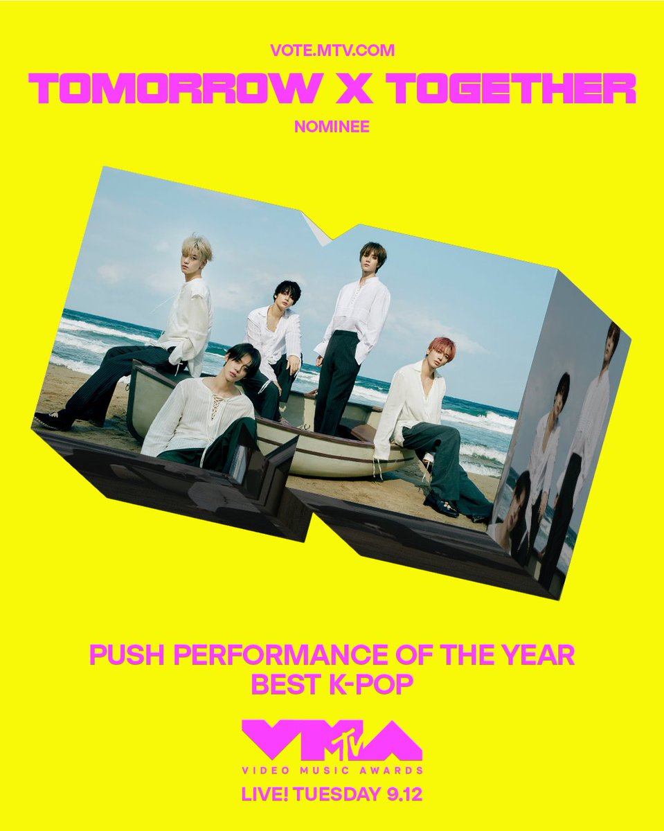MTV's tweet photo. @TXT_members congratulations ⭐️ you've been nominated at the 2023 #VMAs! voting is now open at https://t.co/hEh9YTg5A1! https://t.co/js1Bt8tdos