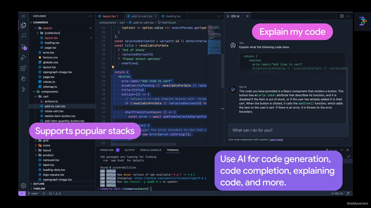 Excited to share idx.dev 🚀 - @Google's new browser-based code environment. It has AI assistance for code-generation, code-completion and explaining code built-in. Also supports modern JavaScript frameworks out of the box. Join the waitlist today 🙏