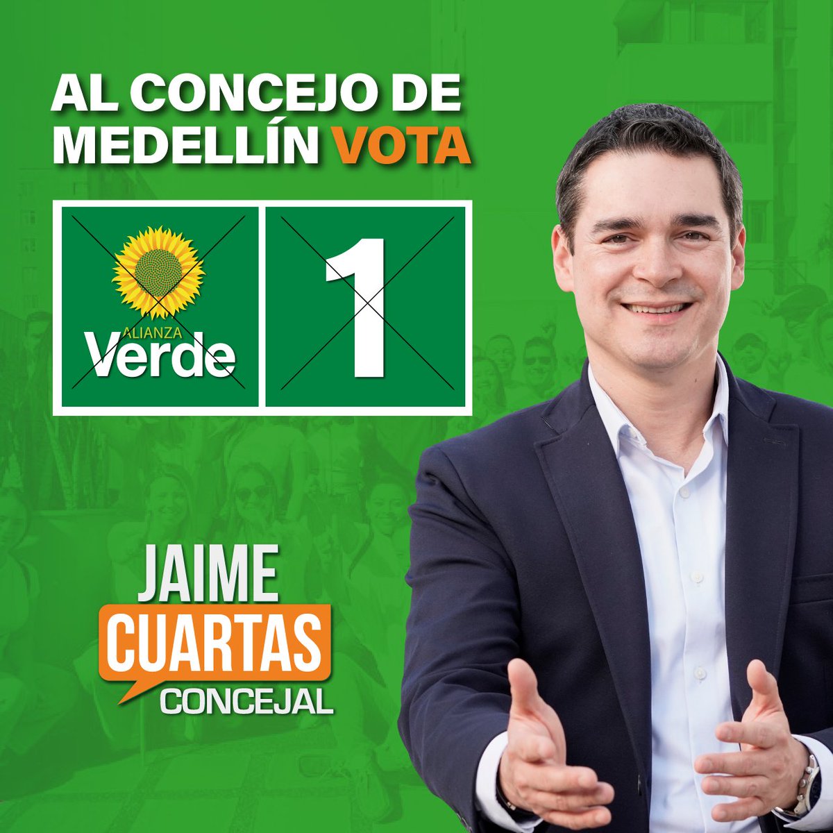 JaimeCuartas's tweet photo. El próximo 29 de octubre pide el tarjetón del Concejo de Medellín y vota por el Partido Alianza Verde, número 1

🌻🟢1⃣

Juntos seguiremos construyendo #UnaMedellínParaLaGente

#PorMedellínSomos1 https://t.co/fa3y33yh6F