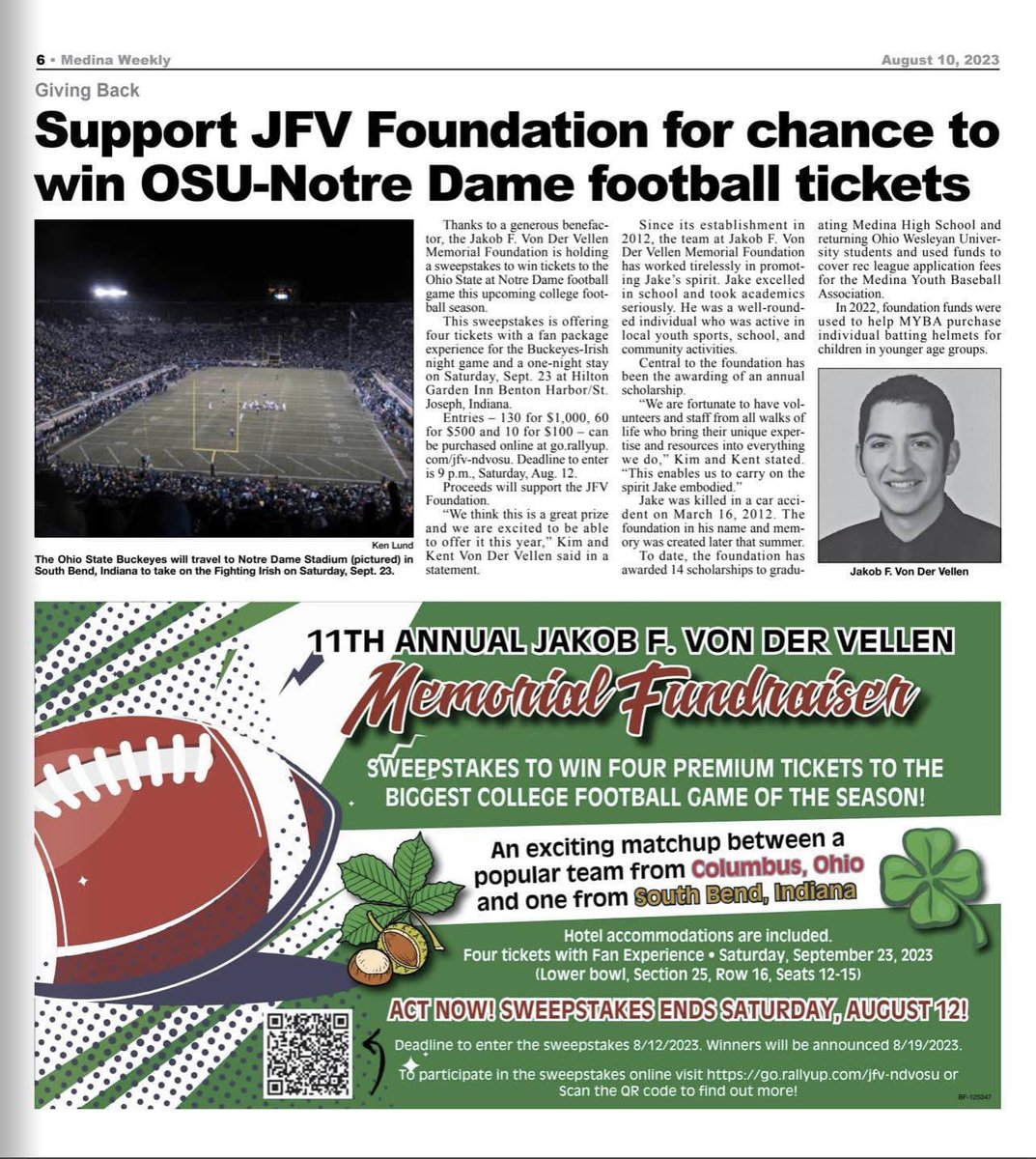 The JFV Foundation has partnered with MYBA for the last few years. 

They have a sweepstakes to win 4 premium seats to the OSU v ND game, including fan experience &amp; hotel stay.

Click go.rallyup.com/jfv-ndvosu to enter &amp; jfvfoundation.com for more details about JFV.