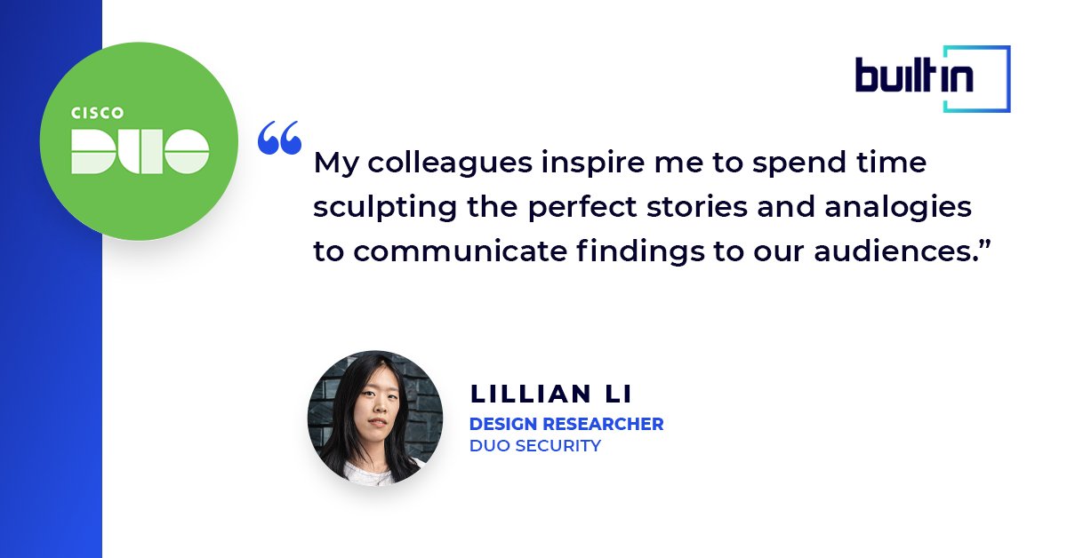 duosec's tweet photo. Design Researcher Lillian Li spoke to @BuiltInAustin about finding inspiration on the job and how her colleagues help spark her creativity. ✨🎨 

🧑‍💻 Read for more about her recent projects: https://t.co/jpW5fMwyig &amp; check out our open roles!

#NowHiring #WomeninTech https://t.co/sGec8qqKzj