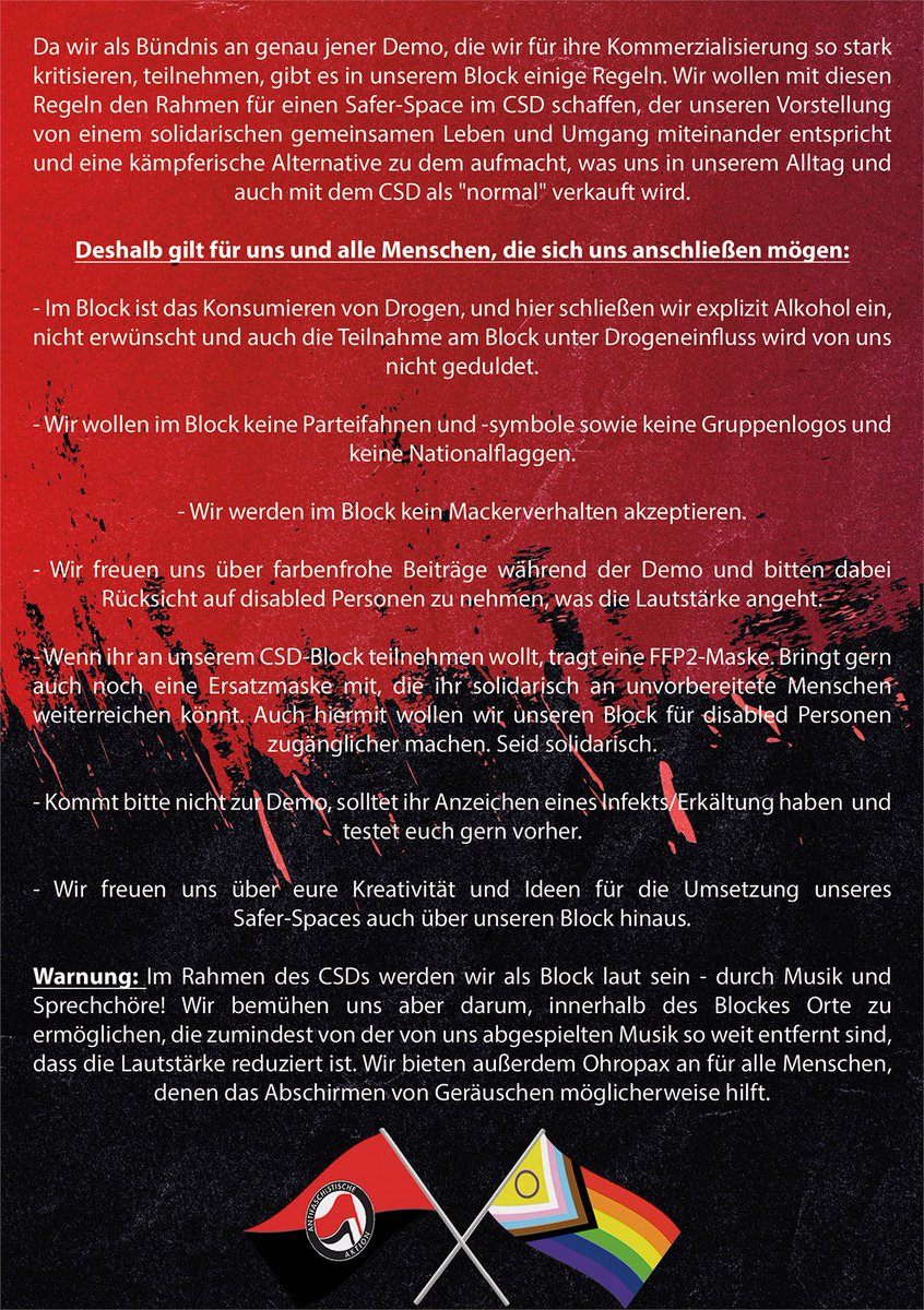 Das diesjährige Motto  des CSD Bremen 2023 lautet: "The first pride was a riot". Schon vor der  Wahl des Mottos war für uns klar, wir kommen nicht für die Party, wir  kommen für den Protest! #CSDBremen #HB2608 #pride #protest #LGBTQIA+ #CSD #Bremen #antifascism