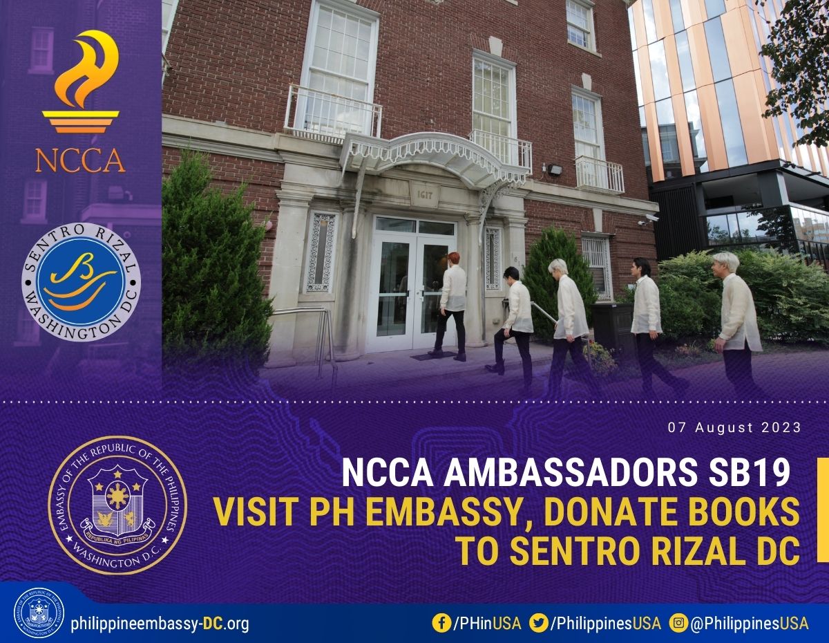 philippinesusa's tweet photo. [LOOK] Deputy Chief of Mission Jaime Ramon Ascalon, Jr. accepts NCCA book donation handed over by NCCA Youth Ambassadors SB19. SB19 is a Philippine Pop Boy Group with a mission to promote the Filipino spirit, music, and culture worldwide. https://t.co/YuaDsBfErl