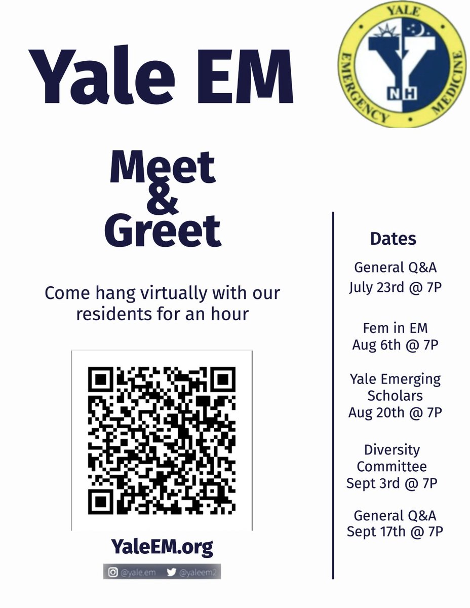 Want to learn more about life as a <a href="/Yale_EM/">Yale Emergency Medicine</a> resident?

Come meet our residents! 

Tune in Aug 20 to learn about <a href="/Yale_YES/">Yale Emergency Scholars</a> - a one of a kind research track that provides the resources (and time!) to successfully pursue research in residency.

Sign up here👇🏽
docs.google.com/forms/d/e/1FAI…