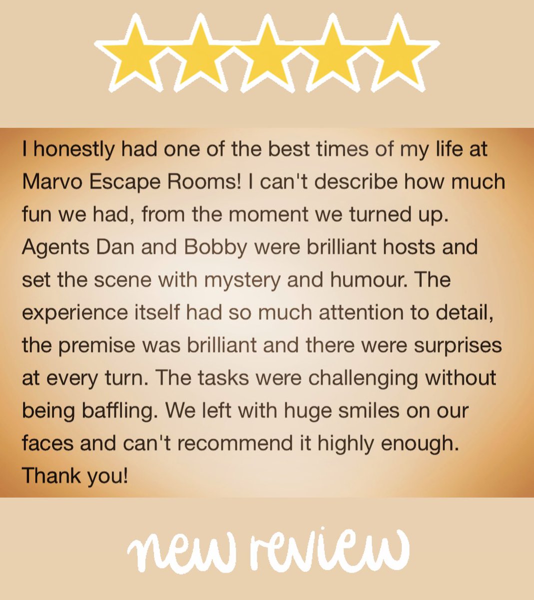 Some lovely words from our latest Volunteers 🕵️‍♂️⭐️⭐️⭐️⭐️⭐️

#marvomysteries #escaperoom #bournemouth #boscombe #funthingstodo #newreview #fivestars #immersiveadventure #adventure #bournemouththingstodo #summerholidays #believeinadventure