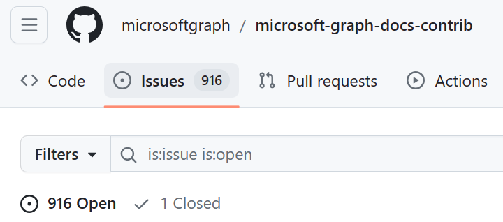 alexandair's tweet image. What is the purpose of this repo? 916 open issues, 1 closed. #MicrosoftGraph