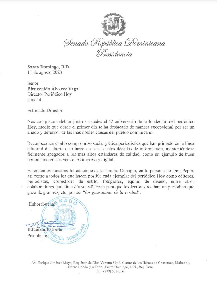 🗞️Nos complace celebrar junto a ustedes el 42 aniversario de la fundación del <a href="/PeriodicoHoy/">Periódico Hoy</a>, medio que desde el primer día se ha destacado de manera excepcional por ser un aliado y defensor de las más nobles causas del pueblo dominicano.