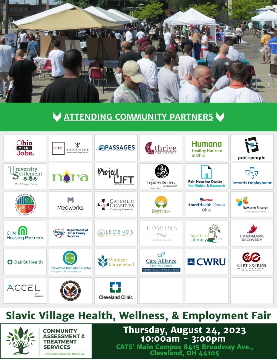 @CATScle has partnered with @TowardsEmploy for our 2023 Resource Fair on August 24th!

Please visit communityassessment.org.

#resources #resourcefair #communityassessment #treatmentservices #health #wellness #employment #mentalhealth #substanceabuse #addictionrecovery #careers