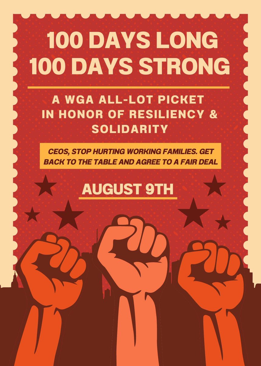 Wednesday, August 9th will be the 100th Day of the #WGAStrike. The Writers Strike in 2007 lasted a total of 100 days. The fight for fairness continues…

#WGA #WGAStrike2023 #WGAStrike2007 #WGAStrong #WritersGuildOfAmerica RT plz