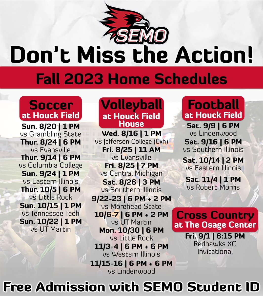 📆 Save the dates!

Your 2023 Fall Sport Schedules are here! 🏈⚽️🏐🏃‍♂️

Admission is FREE for all SEMO Students with a valid SEMO Student ID!

#FeelinRowdy