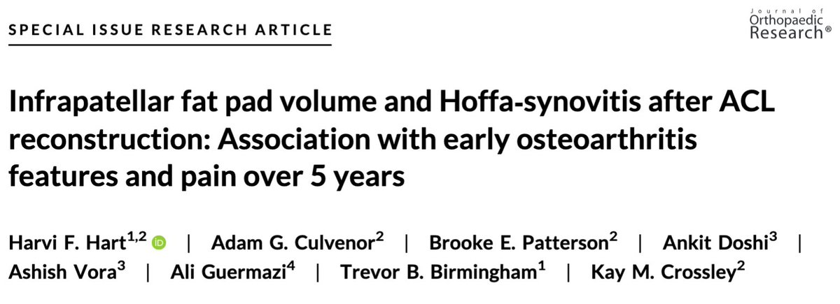 After ACL repair, @HarviHart @kaymcrossley et al. found that greater infrapatellar fat pad volume and Hoffa-synovitis are associated with worsening early features of OA, including bone marrow lesions. #ORSSMC #tissuecrosstalk @orssociety @JOrthopRes Link: doi.org/10.1002/jor.24…