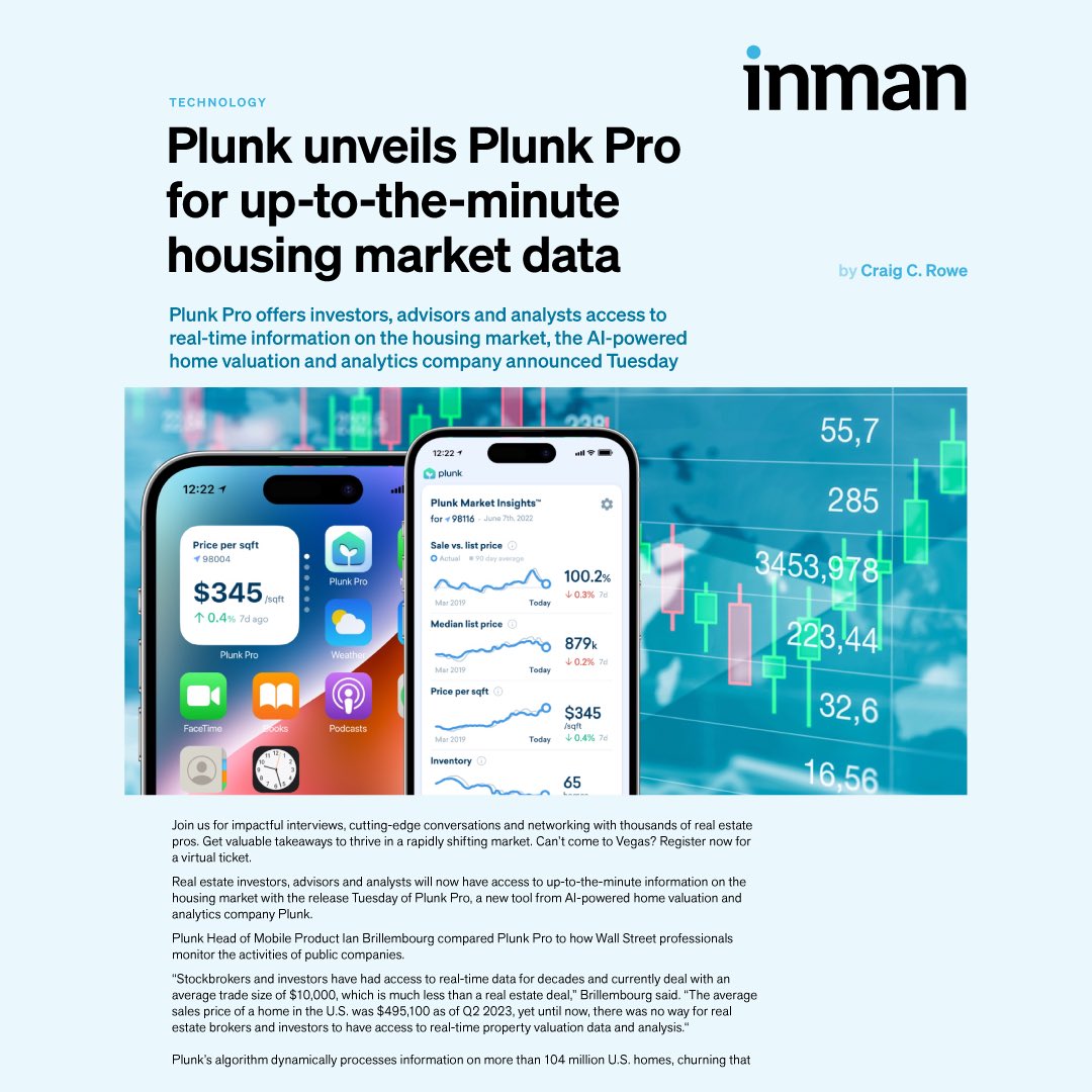 Plunk Pro is officially live! Grateful to Craig Rowe <a href="/Inman/">Inman</a> for your continued coverage of our latest innovations. We’re on a mission to revolutionize how we value and invest in real estate 📈#realestateinvesting #poweredbyAI