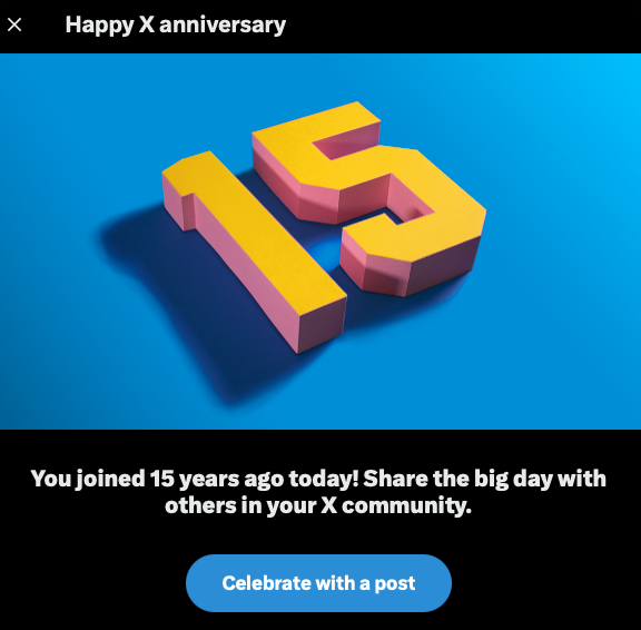 I believe this should be Happy XV Anniversary @x <a href="/elonmusk/">Elon Musk</a> #bugreport