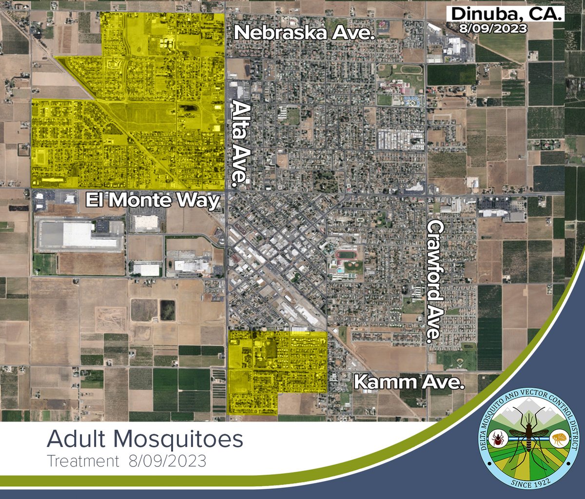 Due to high abundance of mosquitoes, &amp; WNV presence in mosquito samples, Delta Mosquito &amp; Vector Control District will continue treating adult mosquitoes by truck mounted ultra-low volume (ULV) application in Dinuba between the hours of 2am and 5am on Monday, July 24.