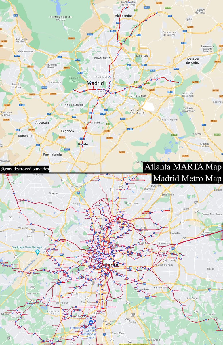 Atlanta and Madrid’s rail networks overlaid on top of one another, to scale.

Each city has a metro populations around 6-7 million.