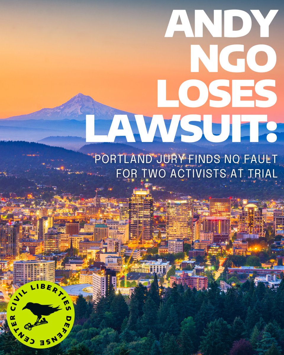 CLDC // Mastdon: @cldc@kolektiva.social (@cldc) on Twitter photo Andy Ngo Loses Lawsuit: Portland Jury Finds No Fault For Two Activists At Trial!
CLDC was a proud part of the legal defense team and will circulate a full press release today. We can be reached for comment by press at info@cldc.org
#civilliberties #portlandnews #oregonnews Andy Ngo Loses Lawsuit: Portland Jury Finds No Fault For Two Activists At Trial!
CLDC was a proud part of the legal defense team and will circulate a full press release today. We can be reached for comment by press at info@cldc.org
#civilliberties #portlandnews #oregonnews
