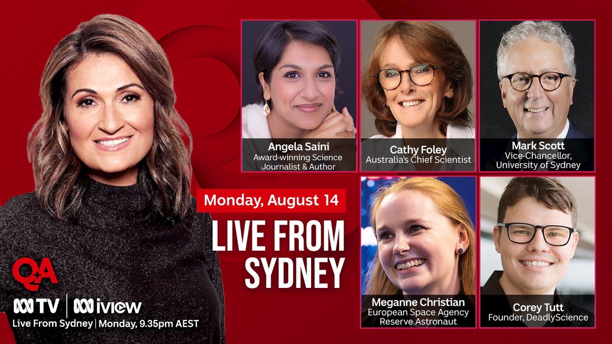 On Monday #QandA is live from Sydney with Panellists Angela Saini, Cathy Foley, Mark Scott, Meganne Christian & Corey Tutt. You can register to join the audience here: ab.co/Come2QandA