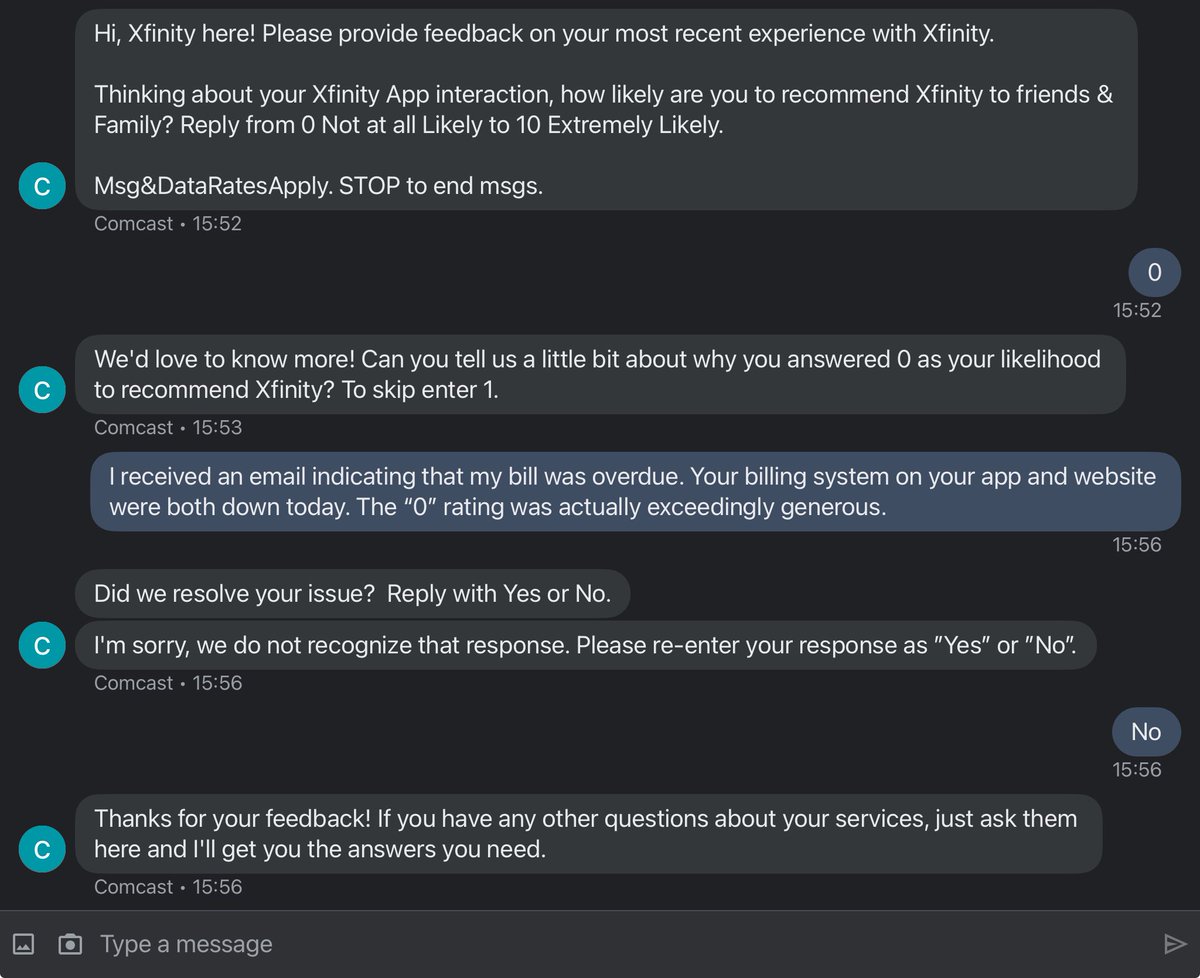 OregonEriK's tweet image. Yeah, I’m sure someone at @comcast reads the feedback results. Read and laugh. @xfinity #xfinitysucks #comcastsucks