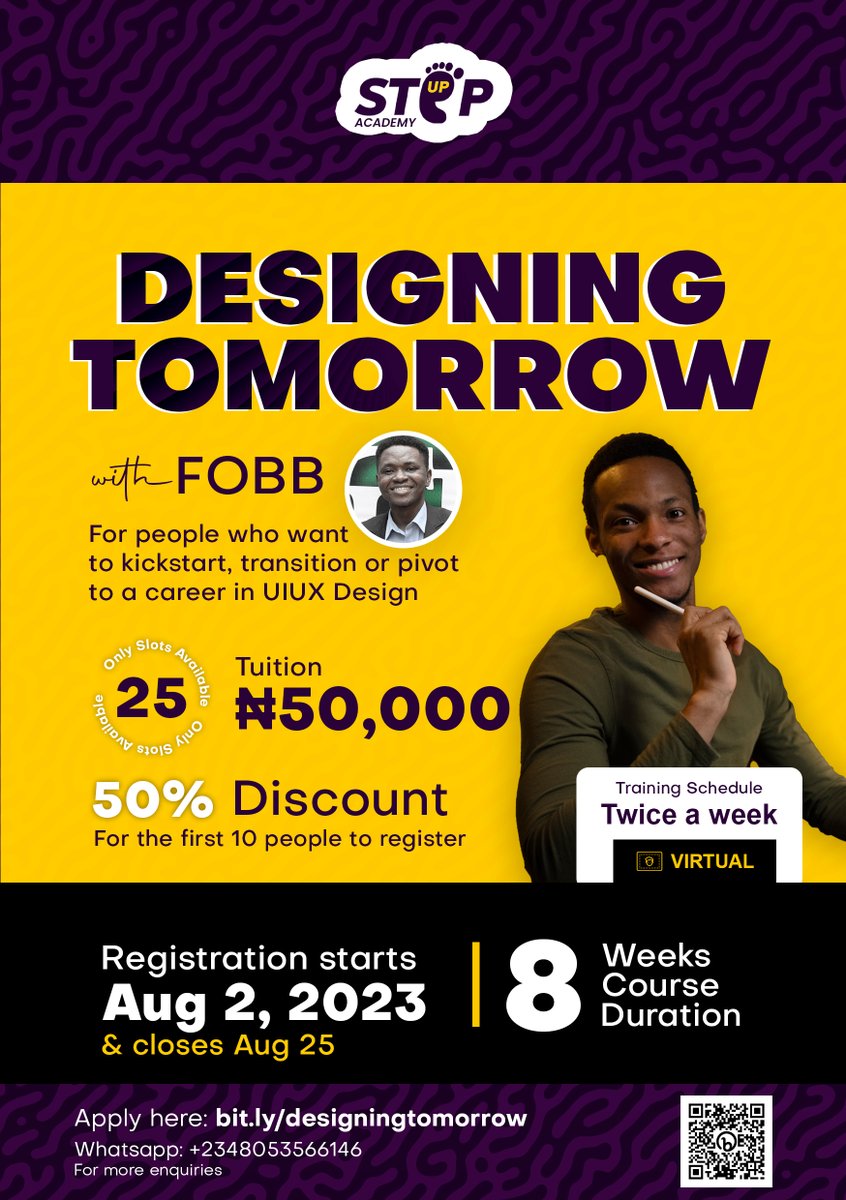 calcined_rail's tweet photo. The registration has commenced and would be ending on the 25th of August. Register now to enjoy this opportunity!

#designingtomorrow #design #UIUX #productdesign #tech #fobb https://t.co/cJgMfP5oCR
