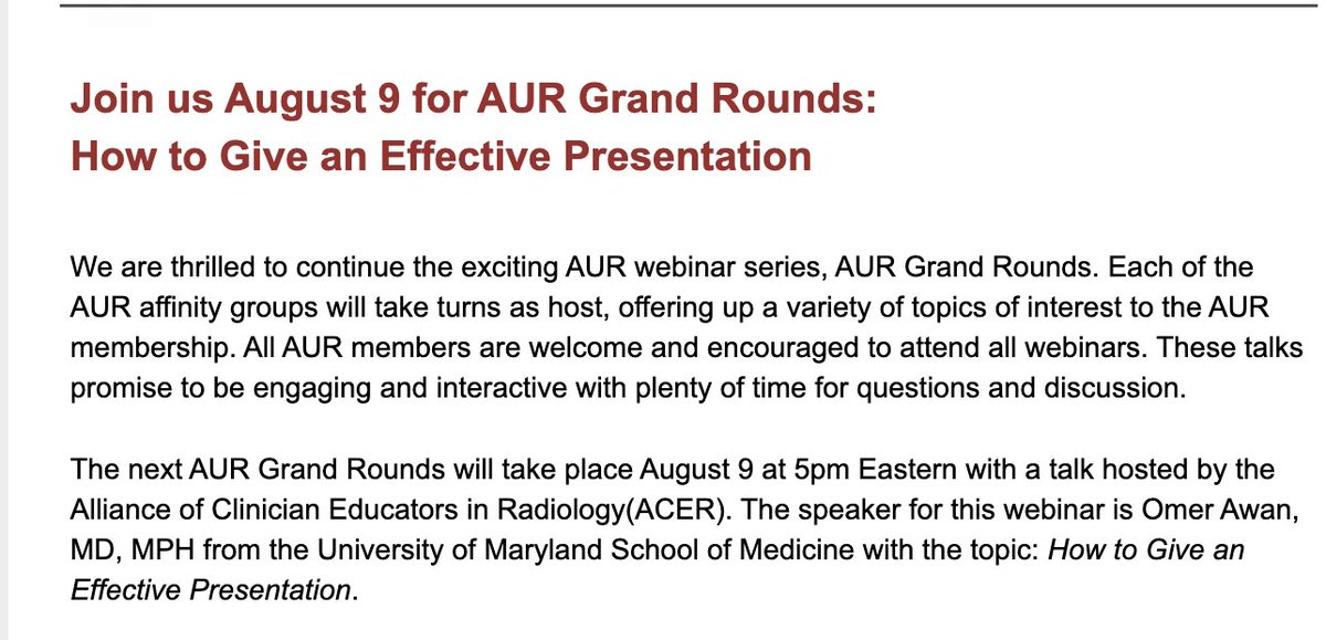 📣There's still time to register for our next AUR Grand Rounds, which be held on Wed 8/9 at 5pm Eastern &amp; hosted by <a href="/ACER_AUR/">ACER AUR</a>. <a href="/AwanRad/">Omer Awan MD MPH</a> will be speaking on "How to Give an Effective Presentation". Use the link below to register:
us06web.zoom.us/webinar/regist…

#RadEd #MedEd