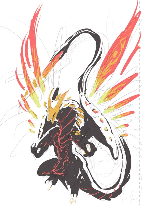 Another #Drogune idea here, this might be too demonic looking for the character I intended it for though. I like the serpentine crest and the flame-jet-like-energy wings. I think the wings would be like little pieces of fabric, flowing after the direction they are pulled.